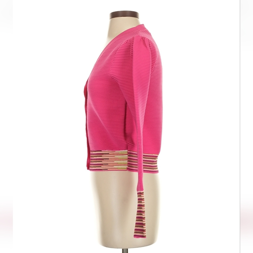 Story Pink Cropped Cardigan Puff Sleeves Striped Waist XS NWT - Picture 7 of 8